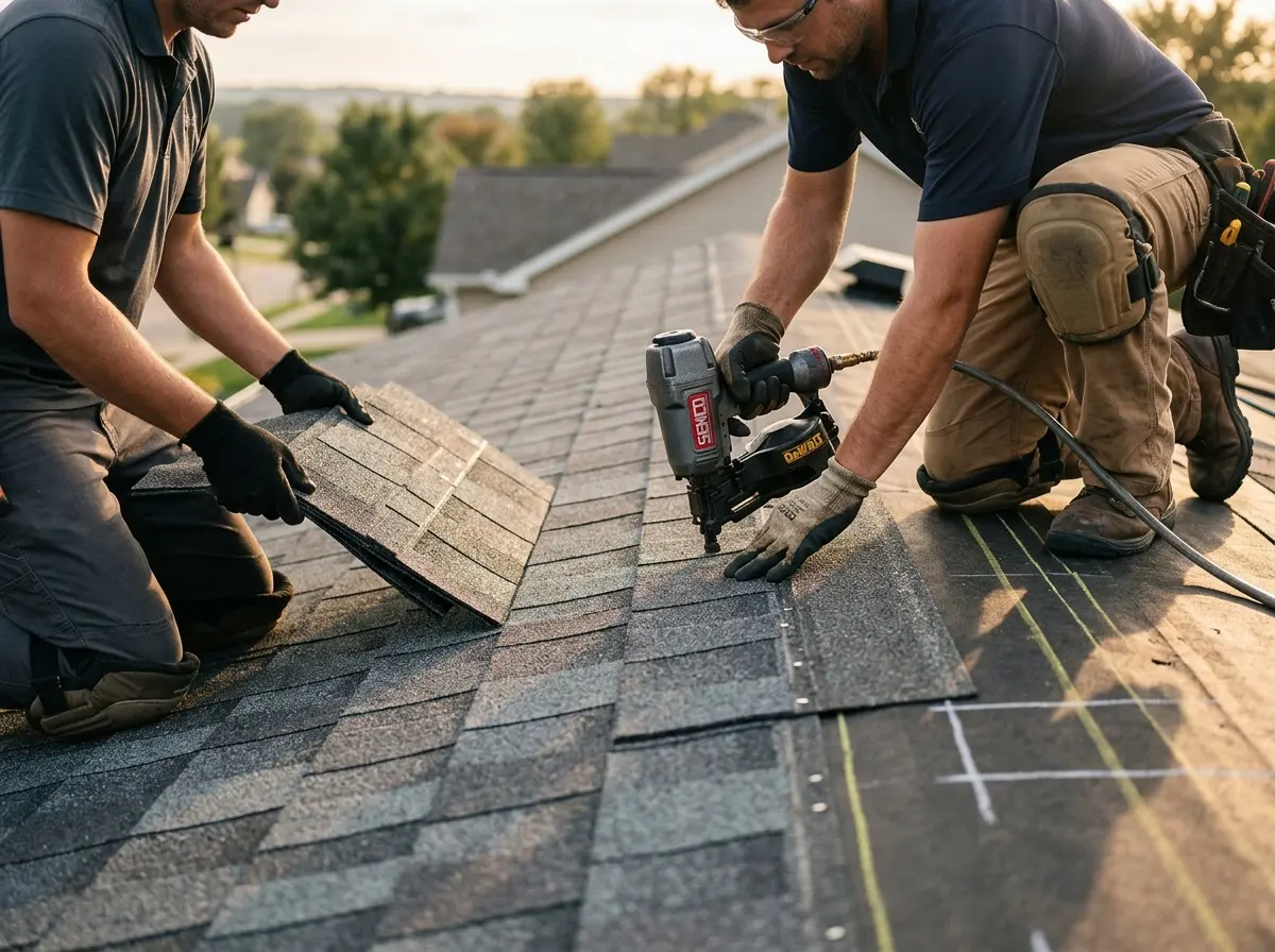 Professional roofer working on a residential roof in Norco